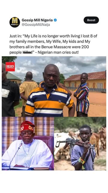 Breaking News: “My Life is no longer worth living I lost 8 of my family members, My Wife, All My kids and My brothers all in the Benue Massacre were 200 people K***d” - Nigerian man cries out!!! 🚴🏿‍♀️...
