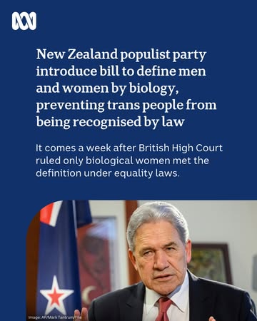 A populist New Zealand minority coalition party has introduced a bill to define women and men by biology.It follows the UK’s landmark decision last week, which ruled only biological and not trans wome...