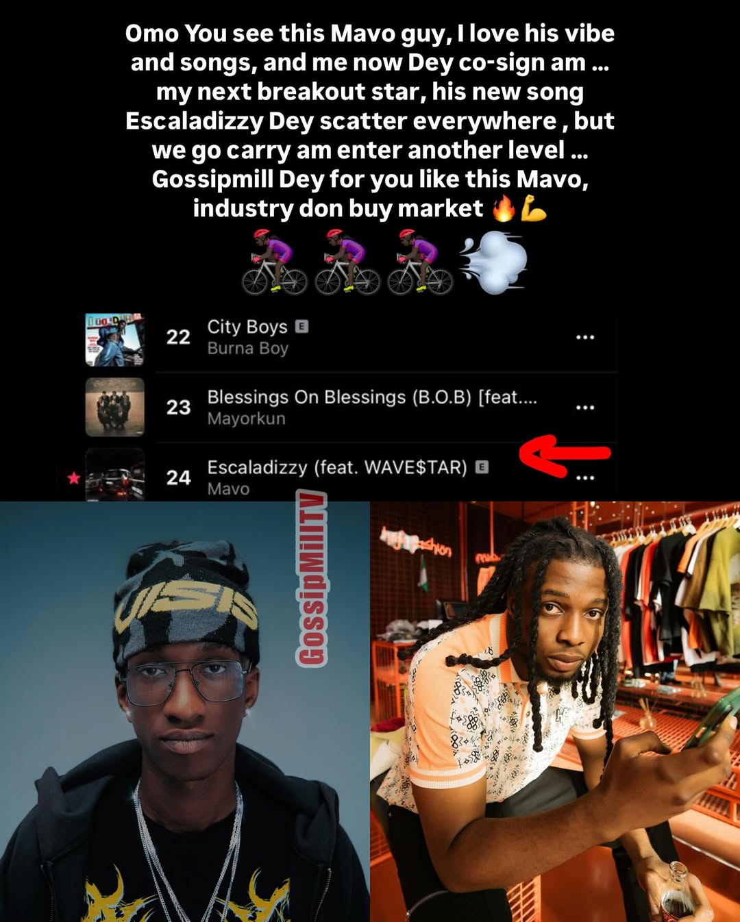 Omo You see this Mavo guy, I love his vibe and songs, and me now Dey co-sign am …my next breakout star, his new song Escaladizzy Dey scatter everywhere , but we go carry am enter another level …Gossip...