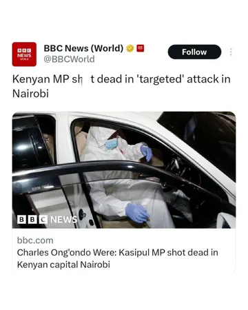 Charles Ong'ondo Were, a Kenyan MP for Kasipul, was assassinated in Nairobi on April 30, 2025, in a targeted attack by gunmen on a motorcycle near Ngong Road, a busy area typically under surveillance,...