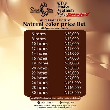 @daisyy_hairs is having Vietnam Easter sales  Vietnam deals *Free Shipping Nationwide *Shared  shipping to Uk✅ 25k *Lot of mouth watering discount ✅*Wholesale deals ✅Address: Suite B9, Poly Plaza Besi...