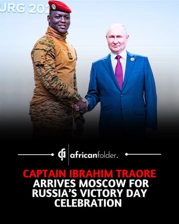 President Ibrahim Traoré of Burkina Faso arrived in Moscow for Russia’s Victory Day celebrations on May 9, 2025, at the invitation of President Vladimir Putin. His arrival was marked by a private Russ...