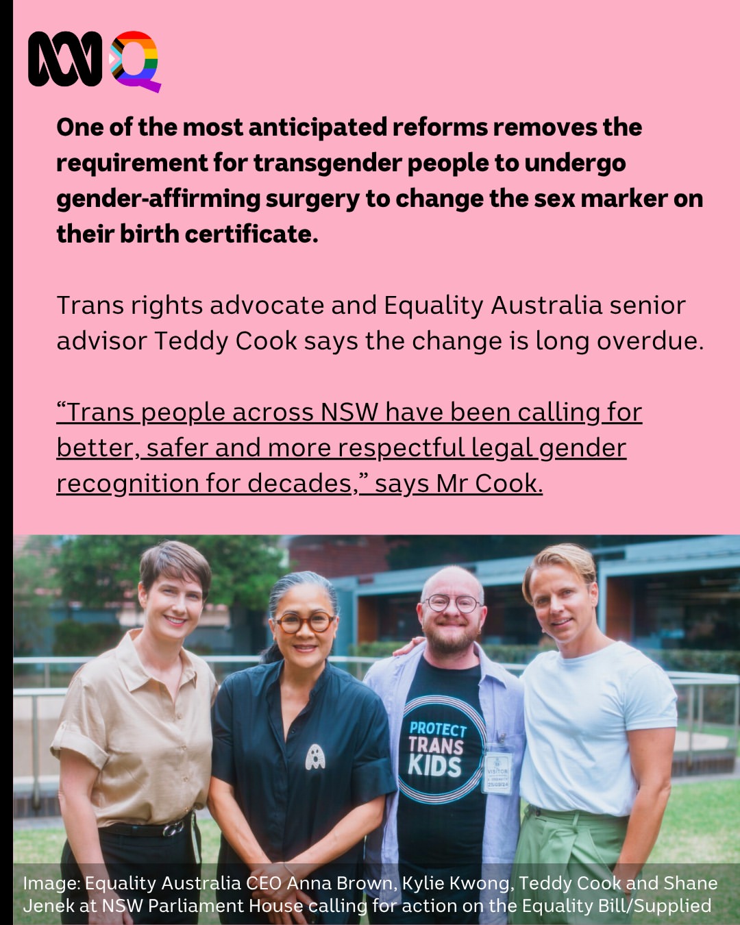 The largest package of LGBTQIA+ reforms in NSW history comes into effect today, including new birth certificate laws for trans people. ✍️: @schafted for @abcqueer 📬: Get the latest from ABCQueer strai...