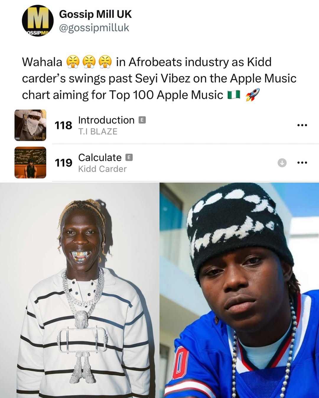 Wahala 😤😤😤 in Afrobeats industry as Kidd carder’s swings past Seyi Vibez on the Apple Music chart aiming for Top 100 Apple Music 🇳🇬 🚀 @kiddcard3r Wetin you put inside that song ????