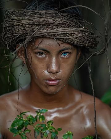 A small indigenous tribe in Southeast Asia, likely from Indonesia or the surrounding regions, where some members have strikingly bright blue eyes—a rare trait in people with darker skin tones. Scienti...