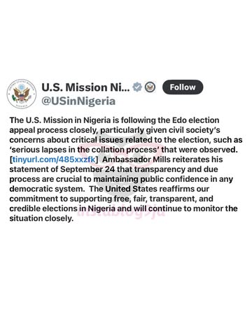 We are Following the Edo Election Appeal Process Closely — U.S Consulate Affirms#instablog9jaNews #TrendingStory #Awareness #StayUpdated