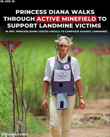 In January 1997, Princess Diana traveled to Angola with the humanitarian organization HALO Trust. She famously walked through a live minefield wearing protective gear to draw global attention to the d...