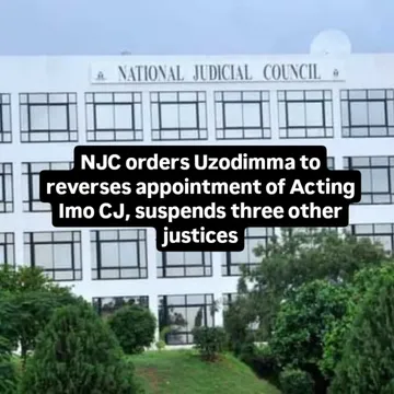 NJC orders Uzodimma to reverses appointment of Acting Imo CJ, suspends three other justicesThe National Judicial Council (NJC) has directed the Governor of Imo State, Hope Uzodinma, to reverse the app...