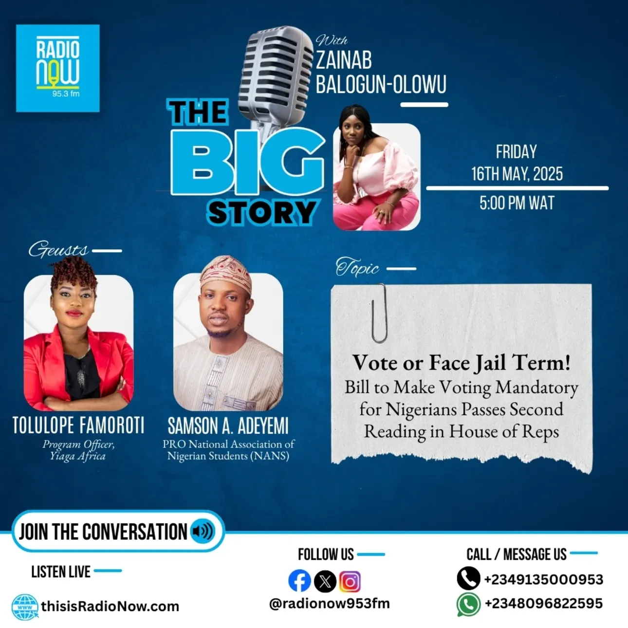 Today on #TheBigStory with Zainab Balogun-OlowuTopic: VOTE OR FACE JAIL TERM! BILL TO MAKE VOTING MANDATORY FOR NIGERIANS PASSES SECOND READING IN HOUSE OF REPSGuests: Tolulope Famoroti and Samson Aja...