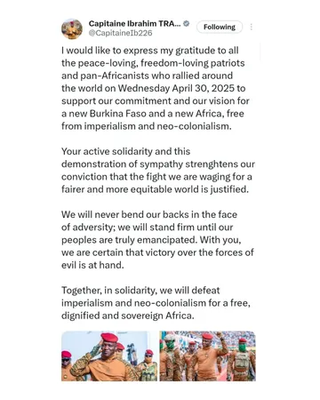 President Ibrahim Traoré of Burkina Faso stated via X/Twitter: