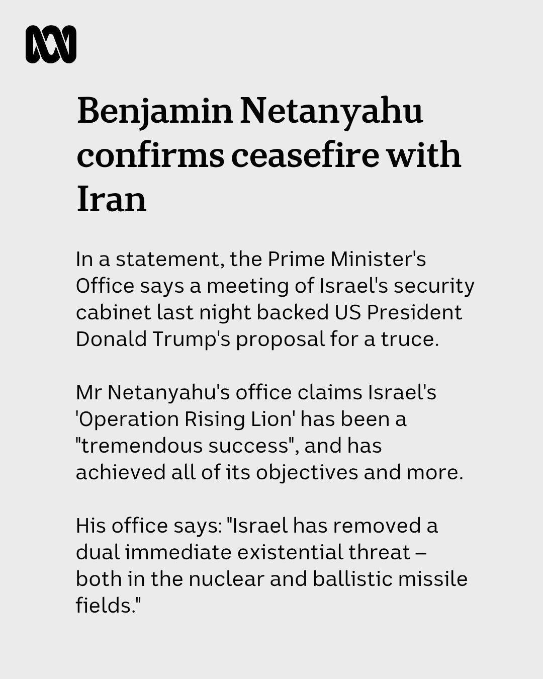 Israeli Prime Minister Benjamin Netanyahu has now announced that Israel has agreed to take part in a ceasefire with Iran.Get the news that matters to you straight from the source. Download the ABC NEW...