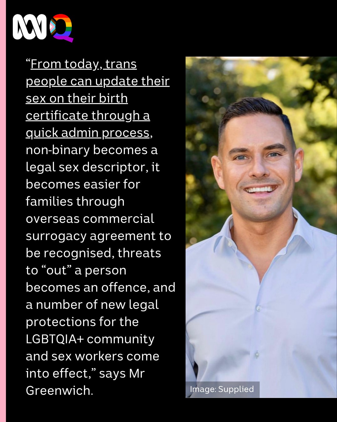 The largest package of LGBTQIA+ reforms in NSW history comes into effect today, including new birth certificate laws for trans people. ✍️: @schafted for @abcqueer 📬: Get the latest from ABCQueer strai...