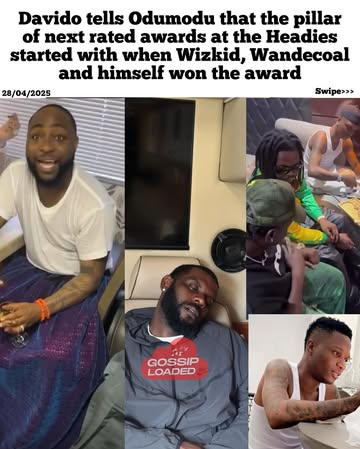 Davido tells Odumodu that the pillar of next rated awards at the Headies started with when Wizkid, Wandecoal and himself won the award. 🙆🏾‍♂️🏃🏾‍♂️🏃🏾‍♂️🏃🏾‍♂️
