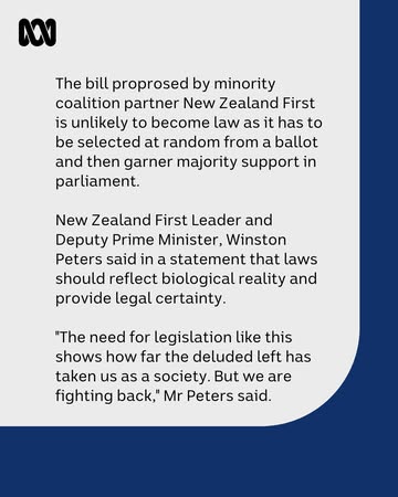 A populist New Zealand minority coalition party has introduced a bill to define women and men by biology.It follows the UK’s landmark decision last week, which ruled only biological and not trans wome...