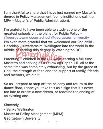 “It is necessary to step off the dance floor and onto the balcony to reflect how far you have come…”- Banky W says as he bags a Masters degree in policy management.