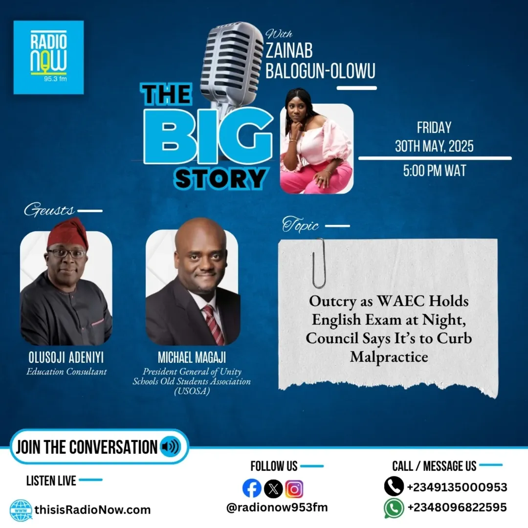 Today on #TheBigStory with Zainab Balogun-OlowuTopic: OUTCRY AS WAEC HOLDS ENGLISH EXAM AT NIGHT, COUNCIL SAYS IT'S TO CURB MALPRACTICE Guests: Olusoji Adeniyi and Michael Magaji🕝 Listen Live at 5:00 ...