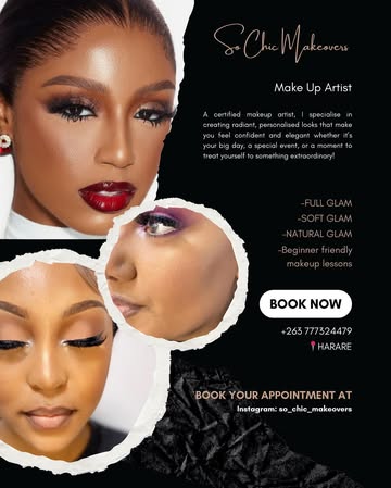 From soft glam to full-on fierce . We create looks that turn heads. Based in Harare, Zimbabwe. Ready to get dolled up? Let’s make it happen! IG : @so_chic_makeovers Contact : +263 777324479#Beauty #Ma...