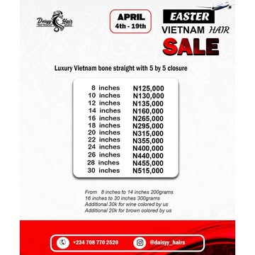 @daisyy_hairs is having Vietnam Easter sales  Vietnam deals *Free Shipping Nationwide *Shared  shipping to Uk✅ 25k *Lot of mouth watering discount ✅*Wholesale deals ✅Address: Suite B9, Poly Plaza Besi...