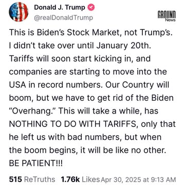 President Donald Trump blamed Joe Biden for the U.S. economy’s 0.3% contraction in the first quarter of 2025 and said he plans to hold him responsible for the second quarter as well. “This is Biden,” ...
