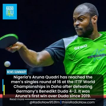 Nigeria’s Aruna Quadri has reached the men’s singles round of 16 at the ITTF World Championships in Doha after defeating Germany’s Benedikt Duda 4-2. It was Aruna’s first win over Duda since 2019.#rad...