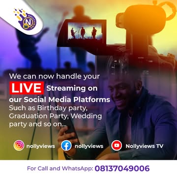 We can now handle your LIVE Streaming onour Social Media Platforms Such as:**Birthday party**Graduation party**Wedding party **Burial ceremony**House warming **Get-together Party   and so on.IG: Nolly...