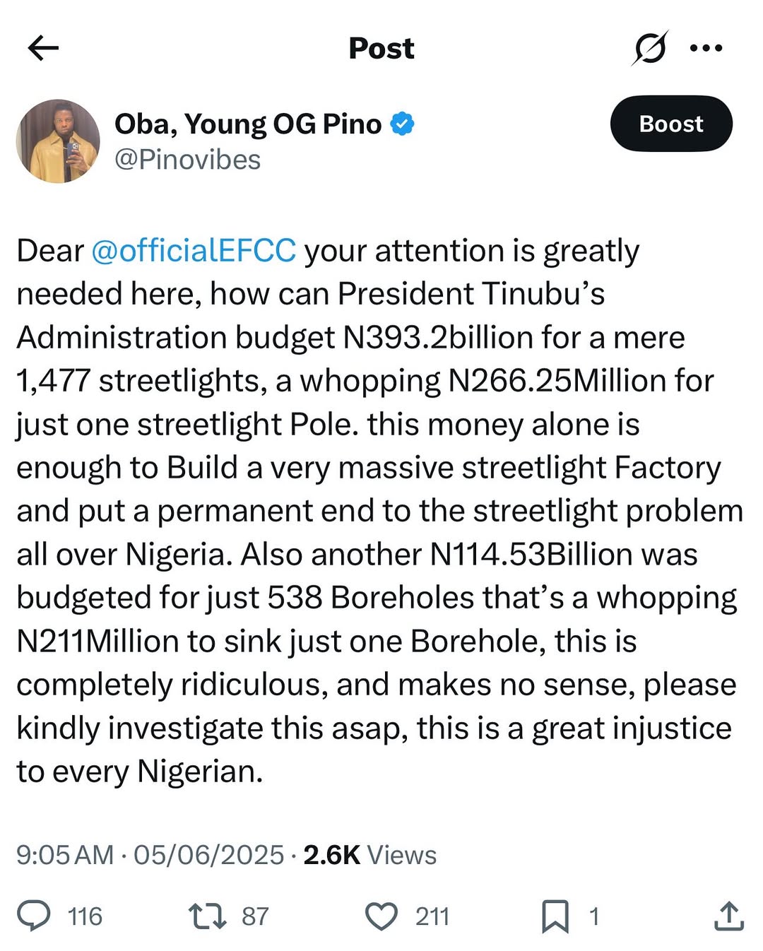 Just in: “The N393Billion budgeted for 1,477 streetlights is ridiculous, (a whopping N266.25Million for just one streetlight Pole) this money alone is enough to Build a very massive streetlight Factor...