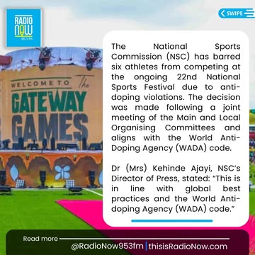 NSC Bans Six Athletes Over Anti-Doping Violations at National Sports Festival#radionow953fm #news #lagos #nigeria #GatewayGames2024Follow, Like, Comment & Share-----Read & Listen Online at www.thisisr...