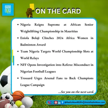 #OnTheCard - here is a quick dive into today's sports battles, rivalries and all the action you can't miss.#radionow953fm #wc #badminton #nff #championsleagueFollow, Like, Comment & ShareRead & Listen...