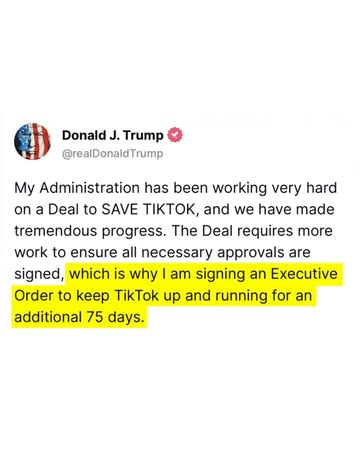 #Trump has signed an executive order to extend the TikTok ban for another 75 days‼️🤯👀Earlier this year, the #UnitedStates has passed legislation requiring TikTok to be sold by its #Chinese parent comp...